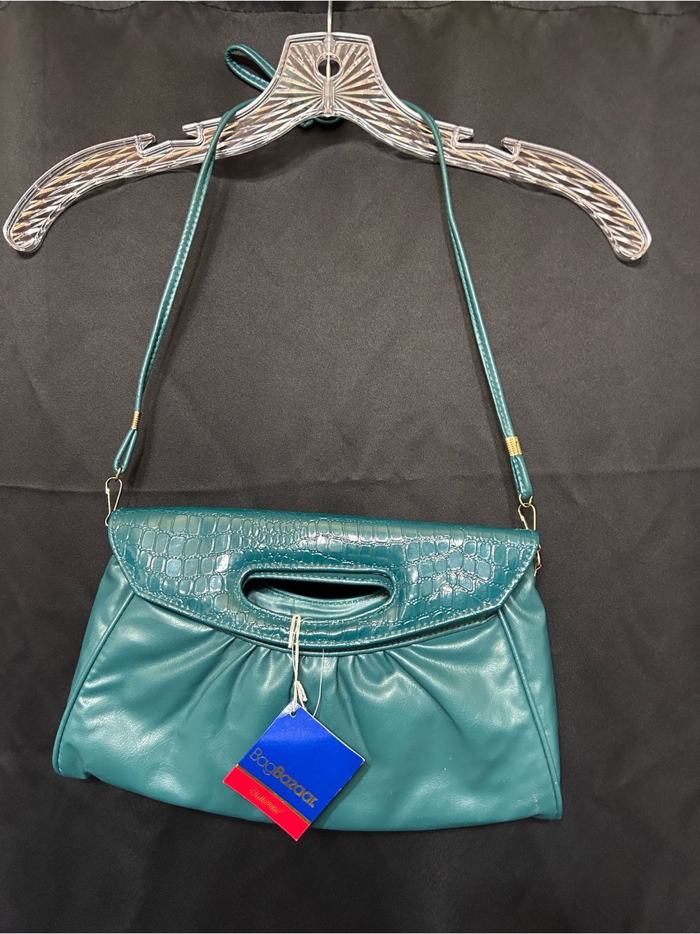 BagBazaarClutchez Teal Shoulder Bag with Croc-Textured Flap